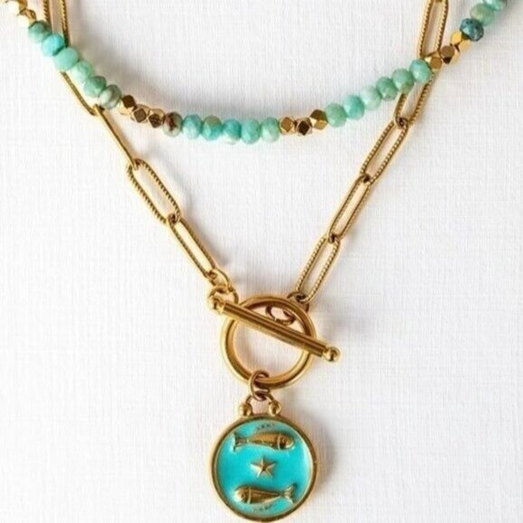 Zodiac Pendant Necklace Waterproof Gold Toggle Clasp Turquoise pendant Necklace - Picture 1 of 16